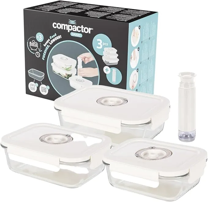 Compactor Lot de 3 boîtes sous vide alimentaire en verre avec pompe manuelle